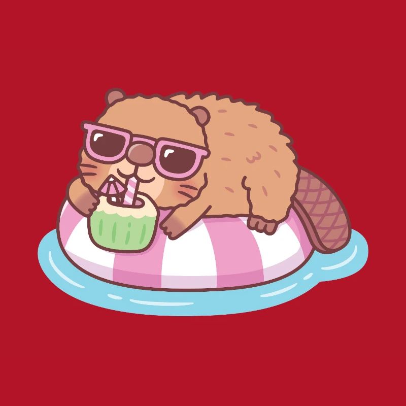 Cute Beaver Chilling On Pool Float With Coconut