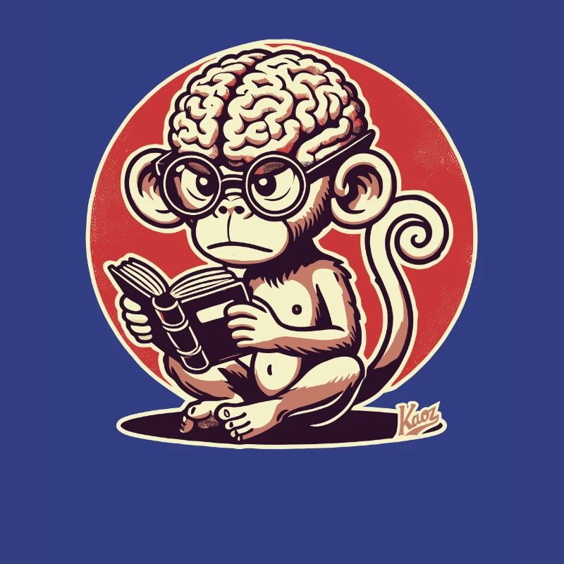 Nerd monkey with big Geirn reading a book