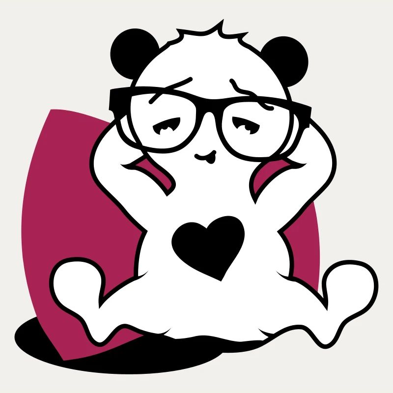 Panda mit Nerd Brille und Herz Button beim relaxen