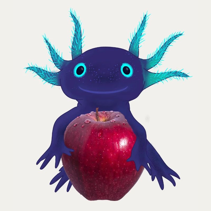 Blue Axolotl with Red Apple, Hand Drawing