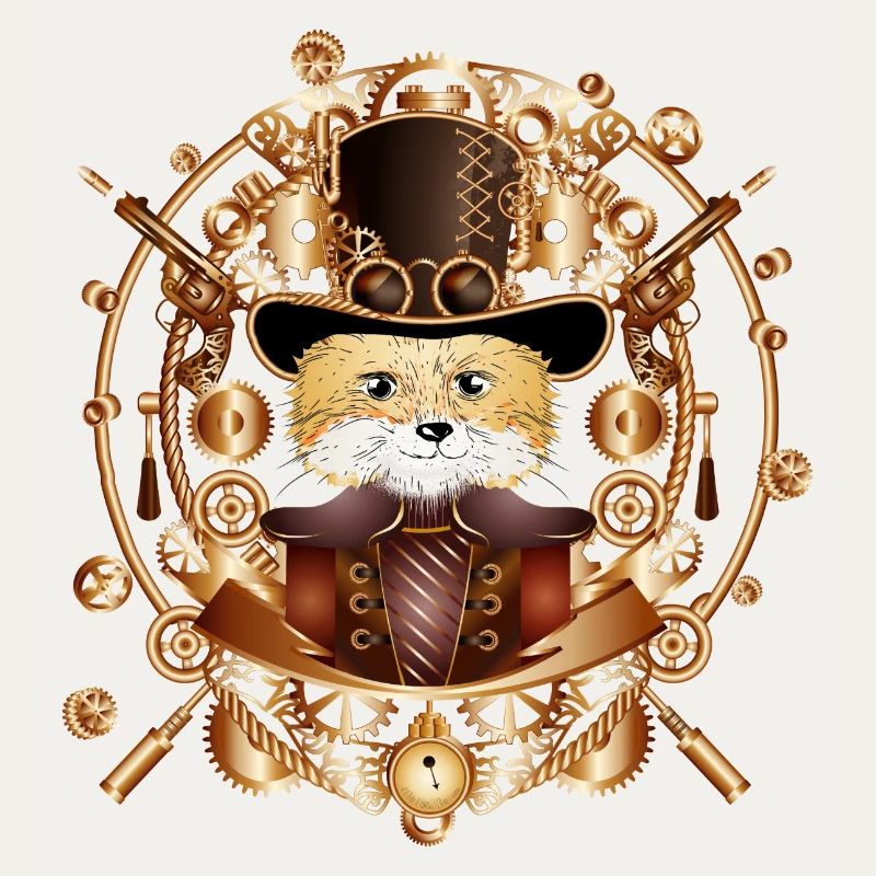 Steampunk fox with cylinder hat in the frame