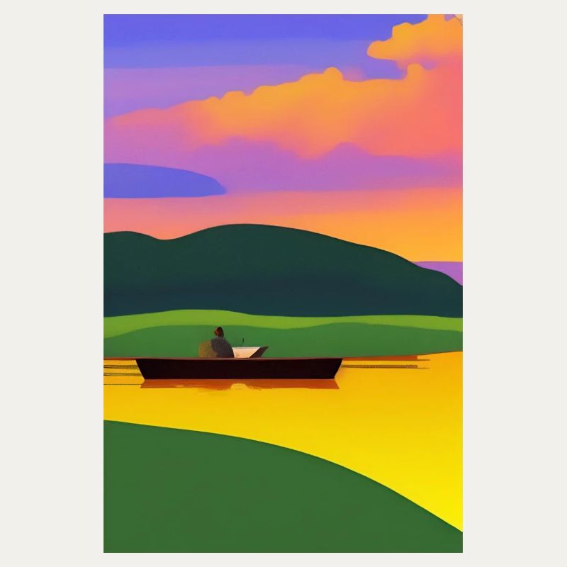 Landschaft mit See, Boot und Berge