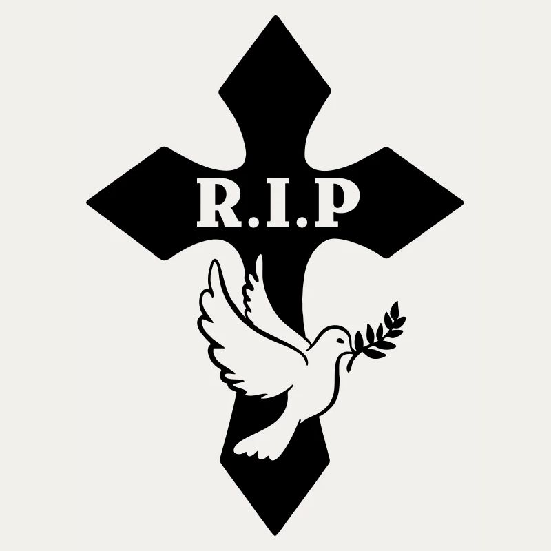 Cross with pigeon and text R.I.P