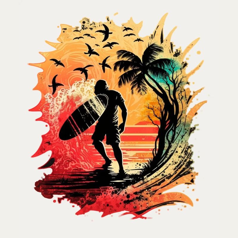 Cool surfer in sunrise under palm trees