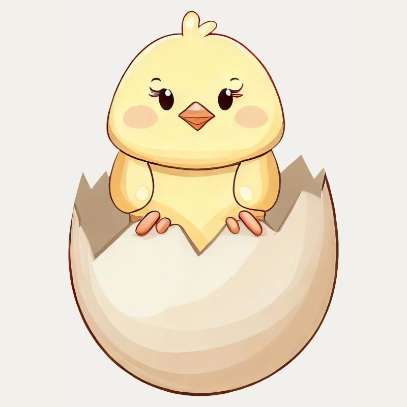 Cute kawaii chick, hatching from eggshell