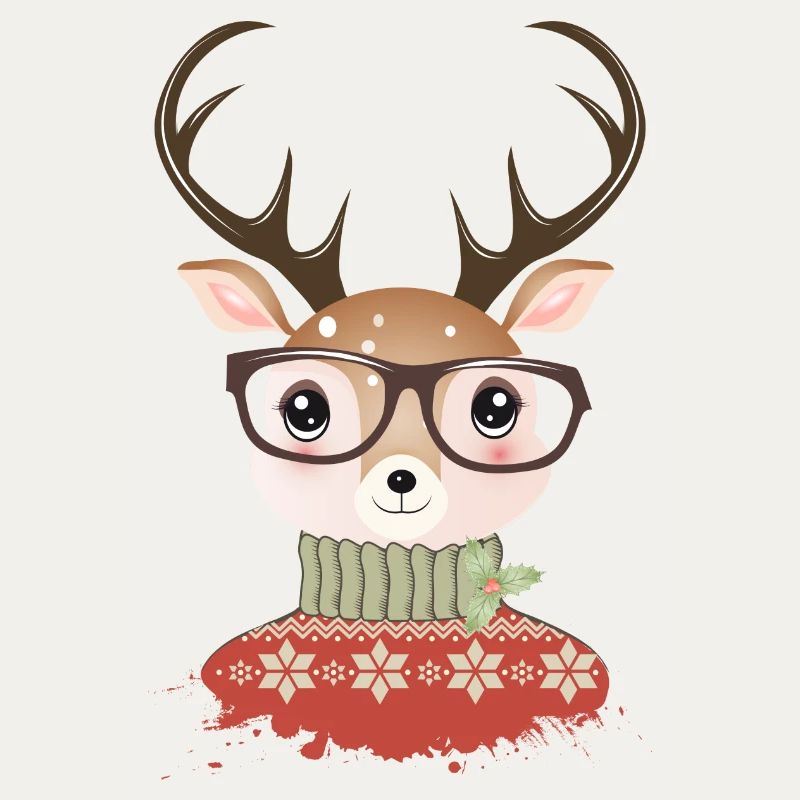 Hirsch mit Weihnachtspullover und Nerd Brille