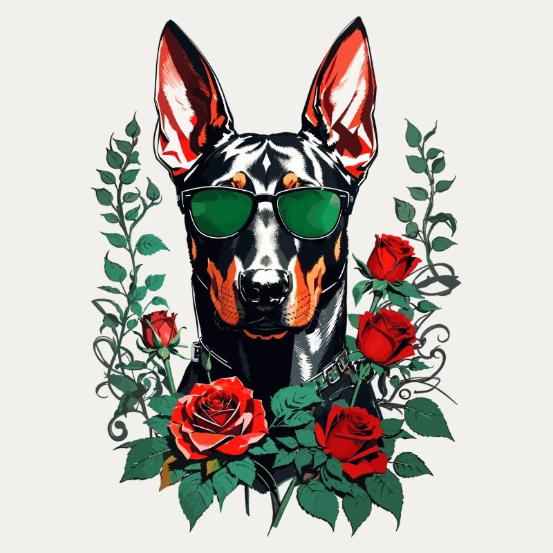 Dobermann mit Rosen