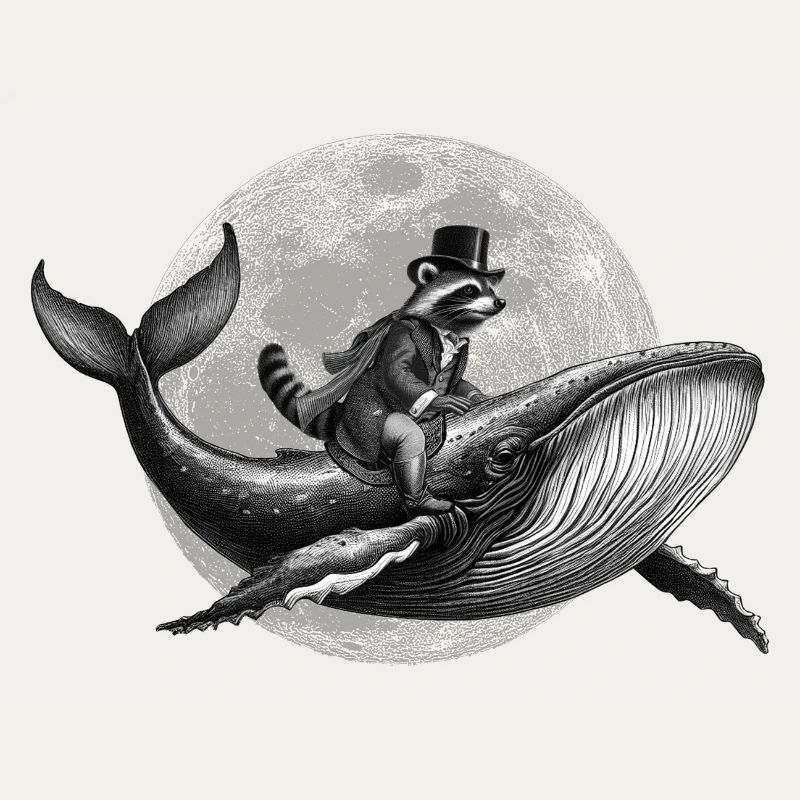 True Moon Love –Ein Waschbär fliegt auf einem Wal