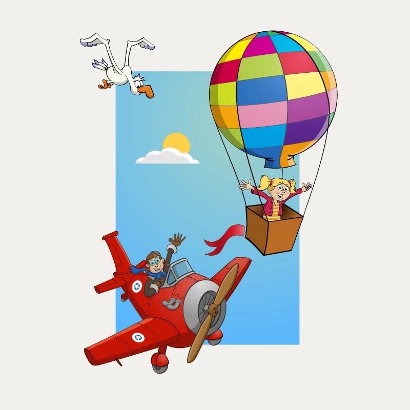 Mädchen in einem Heißluftballon und einem roten Flugzeug