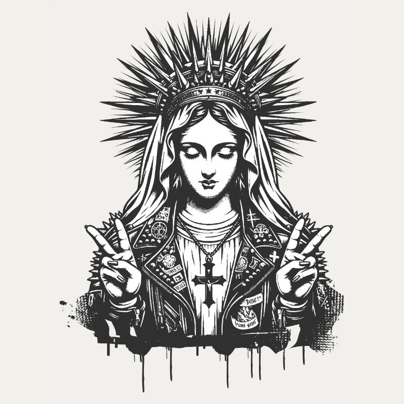 Mutter Gottes Maria als Punk mit Lederoutfit