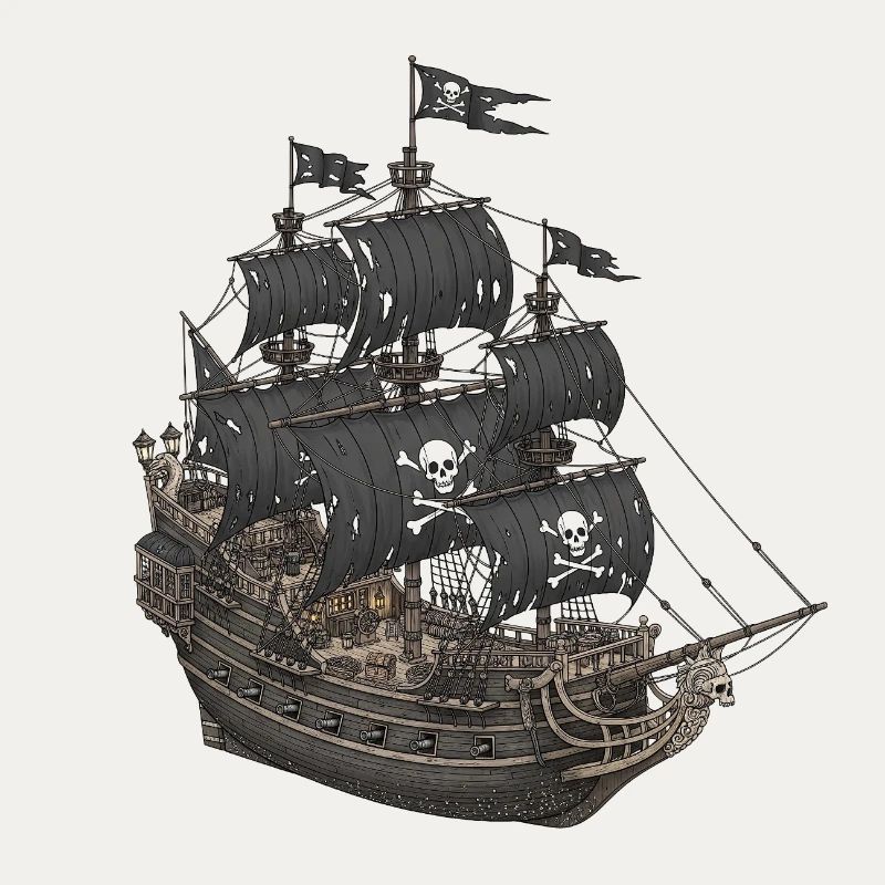 Abandoned pirate ship with skull logo