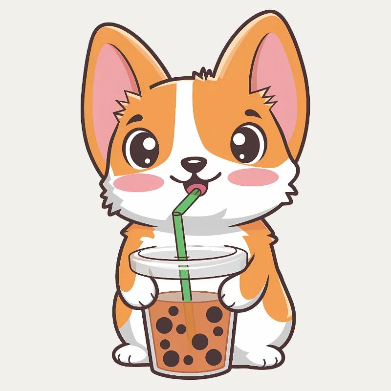 Corgi mignon avec du thé aux perles