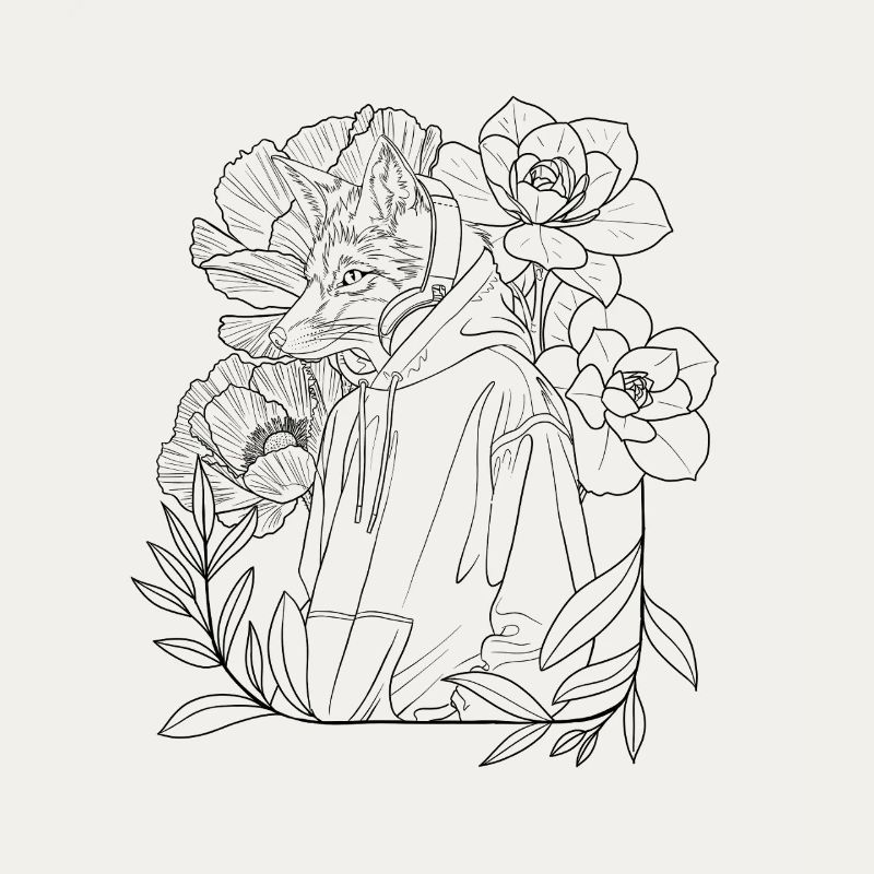 Fox Lineart with Flowers