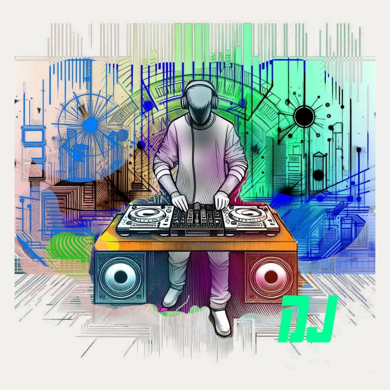 Dynamischer DJ mit bunten Techno-Designs