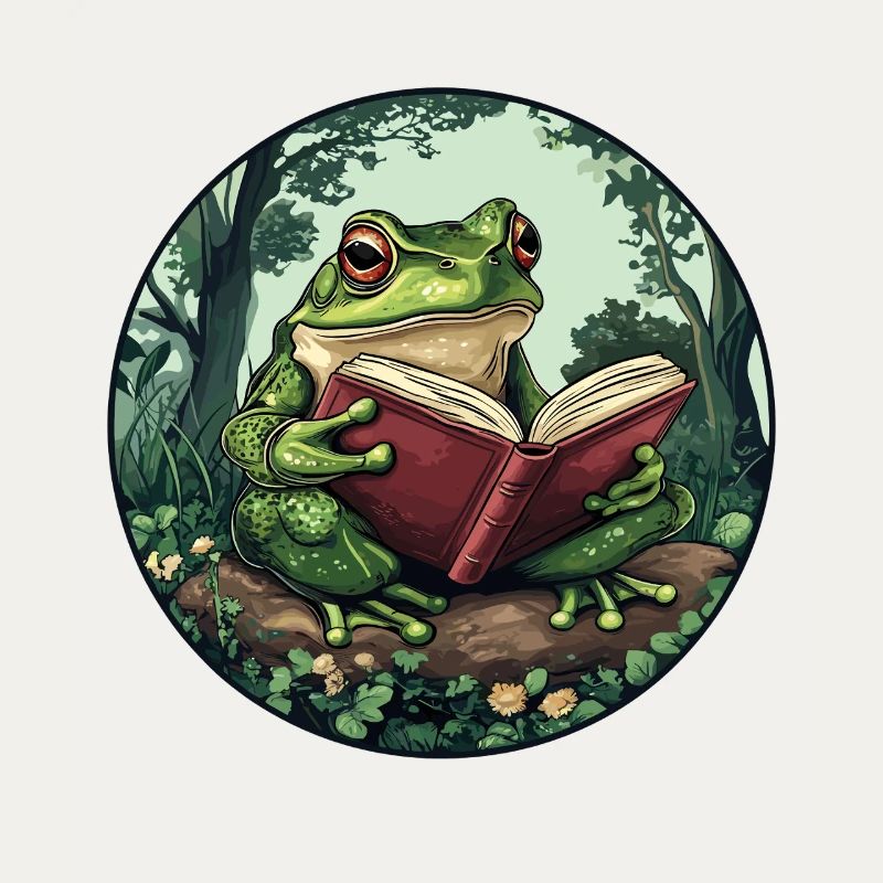 Frosch im Wald liest Buch