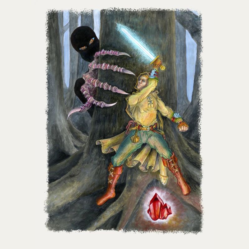 Fantasy Hero Battling Shadow Creature
