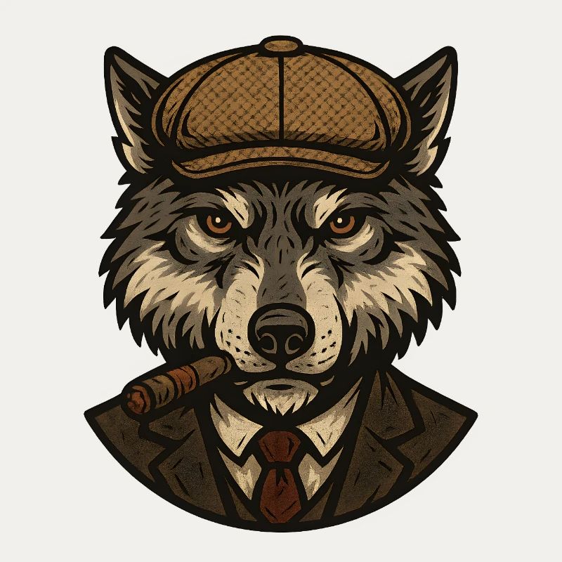 Wolf mit Baskenmütze und Zigarre
