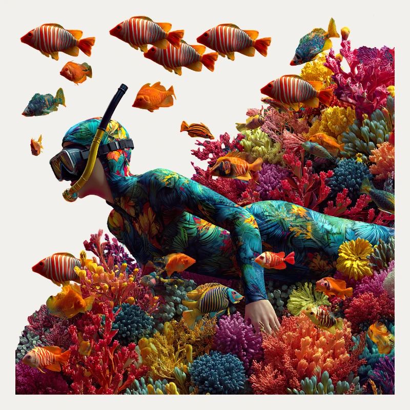 Coral reef diver with colorful fish