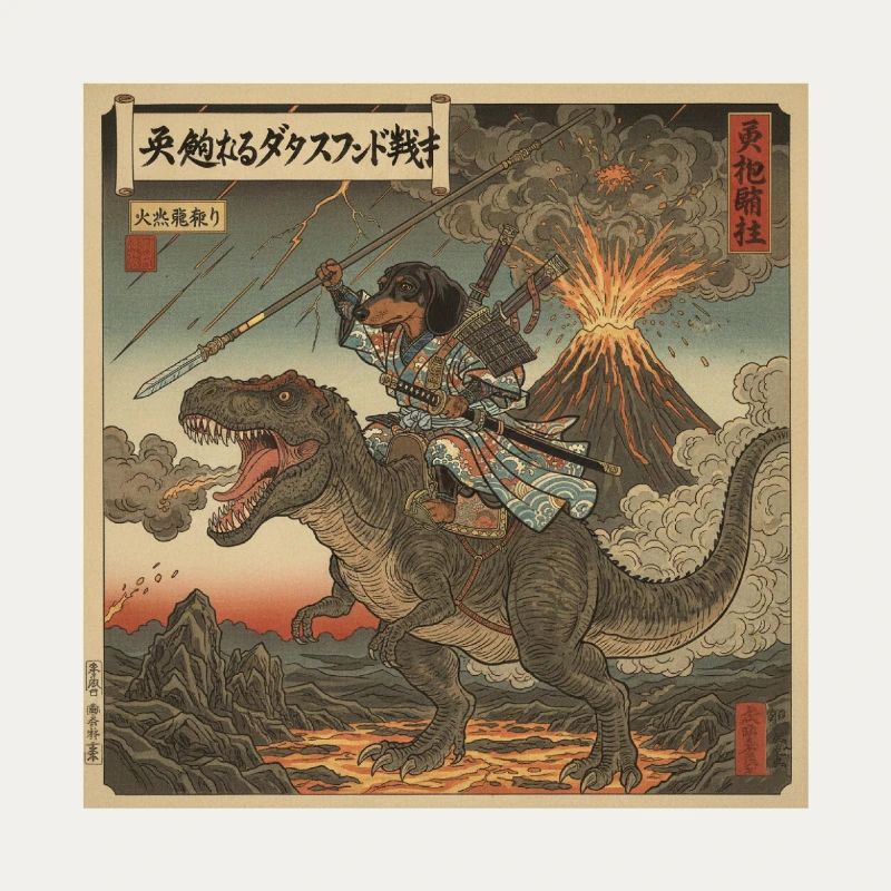 Dachshund Samurai Warrior Riding T-Rex Dinosaur