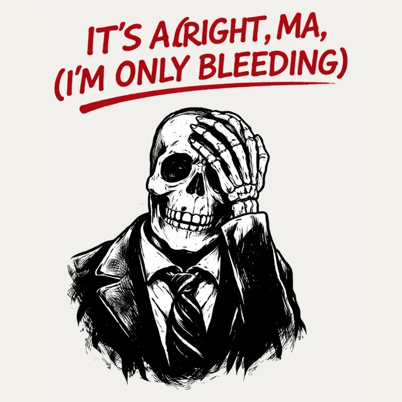 Skeleton in suit with red text