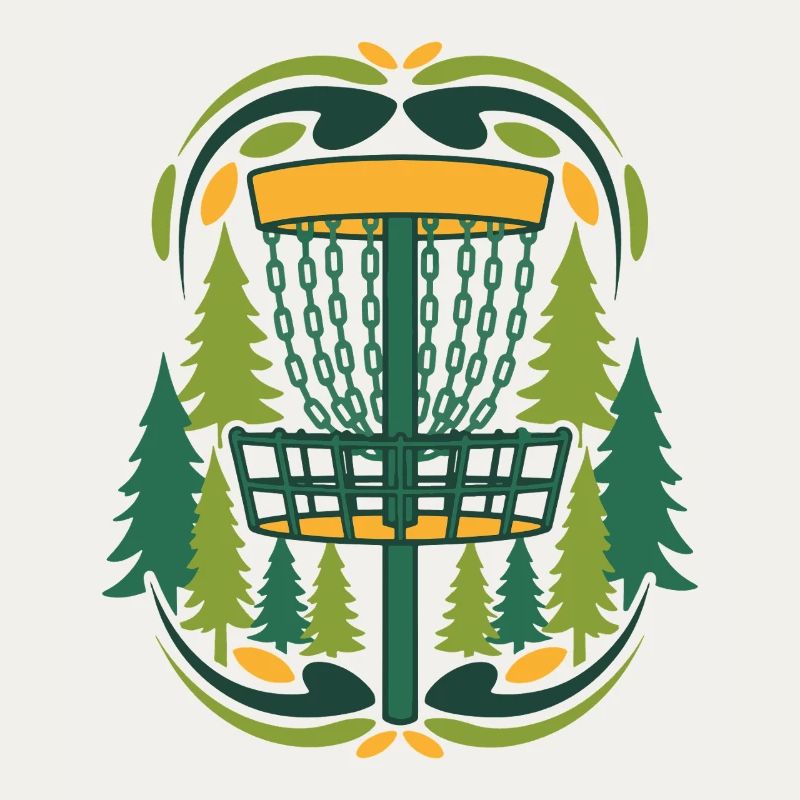 Scène du disque volant du panier de Disc Golf dans la forêt