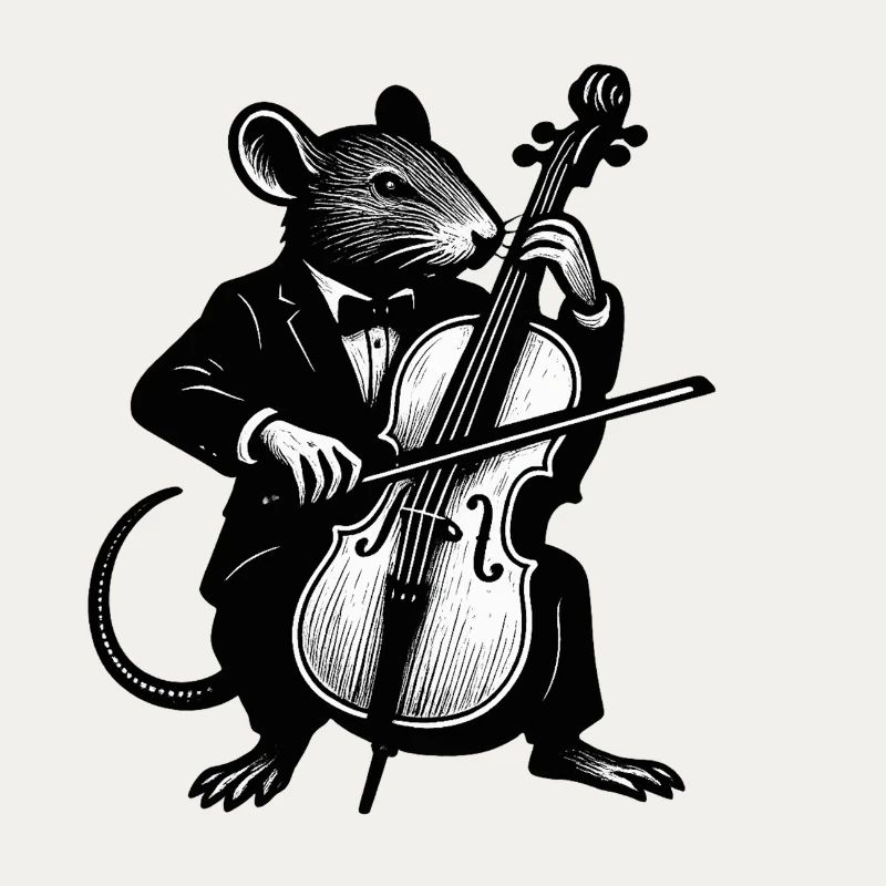 Mouse in tuxedo playing cello