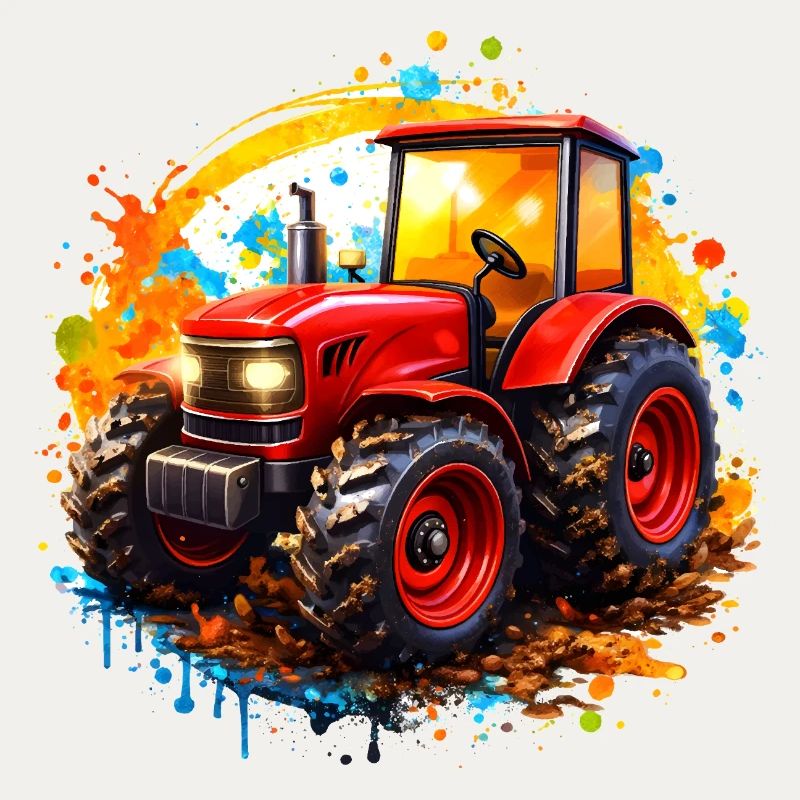 Red tractor with paint splashes