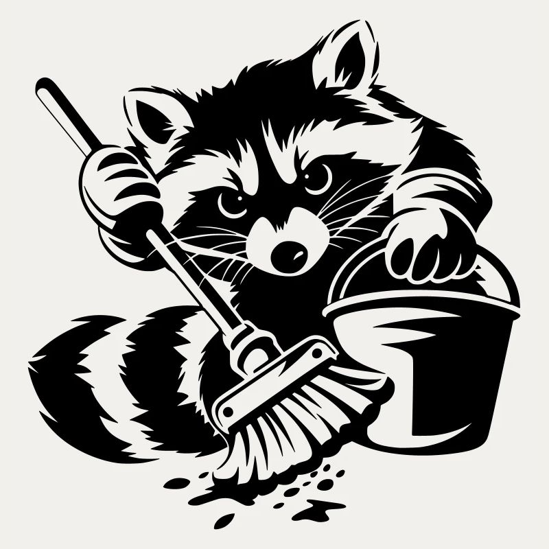 Waschbär mit Eimer & Mopp