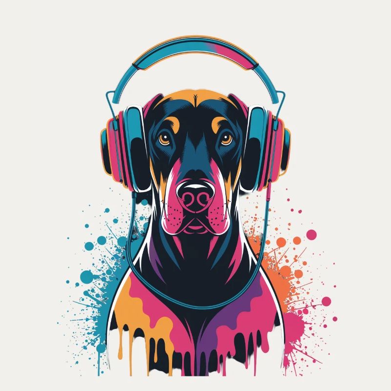 Dobermann mit Kopfhörern