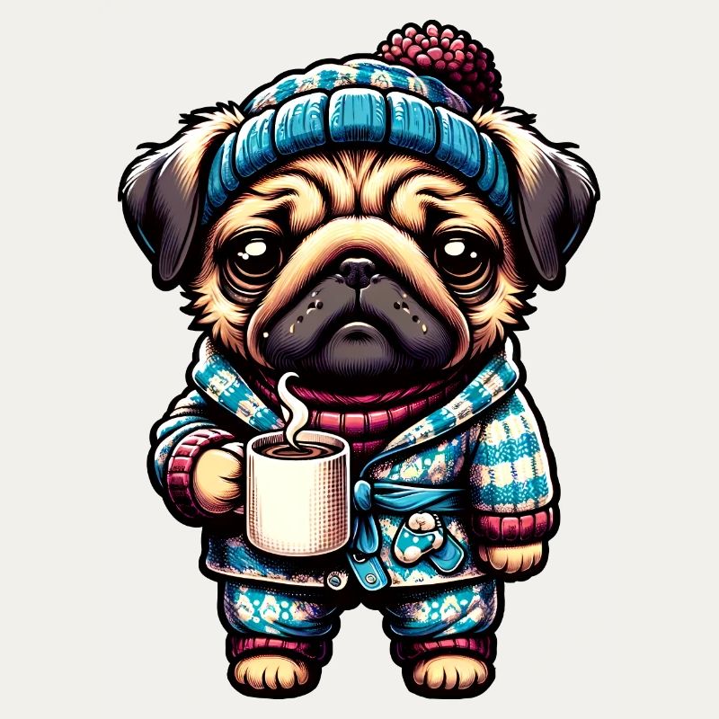 Mops in Pyjama und Schal mit einer Kaffeetasse