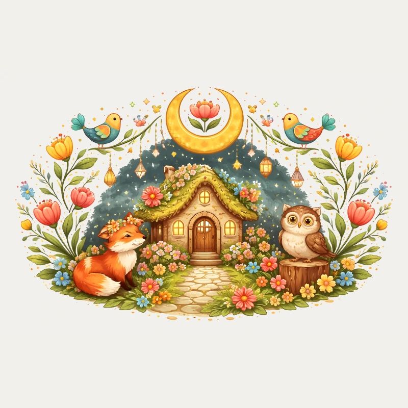 Magical Spring House with Fox and Owl