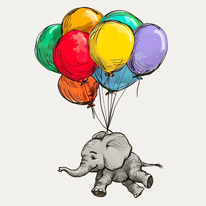 Elefant schwebt mit Bunten Luftballons