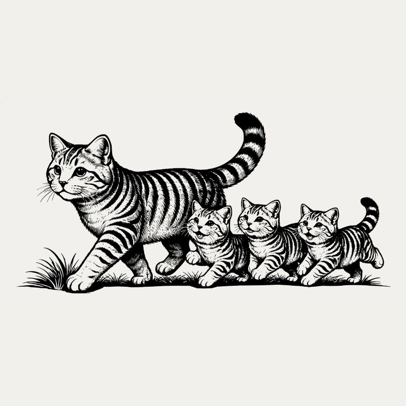 Mère chatte avec 3 chatons noirs