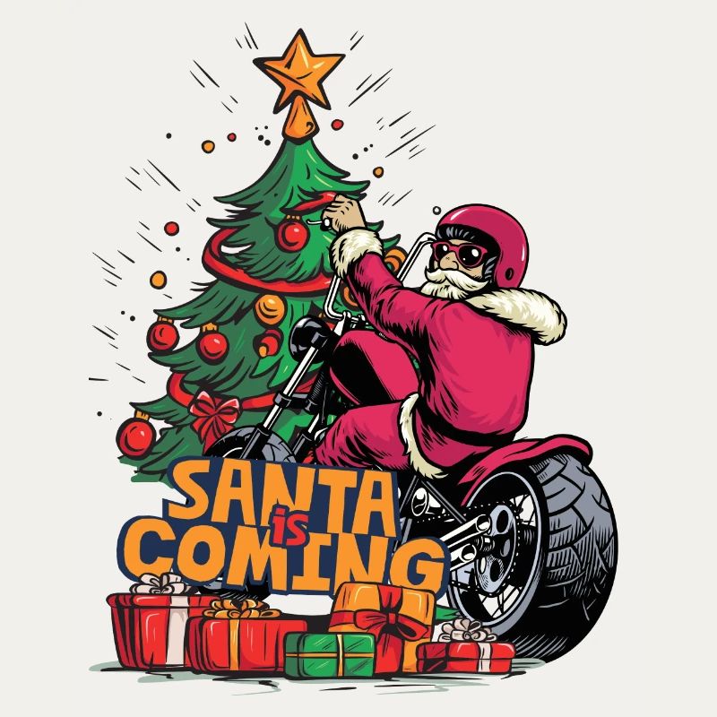 Weihnachtsmann Auf Motorrad Vor Weihnachtsbaum