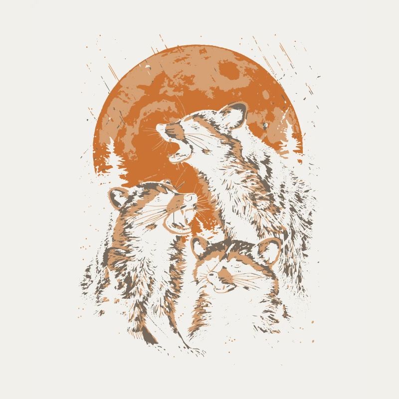 3 ratons laveurs lune hurlant mignon animal design