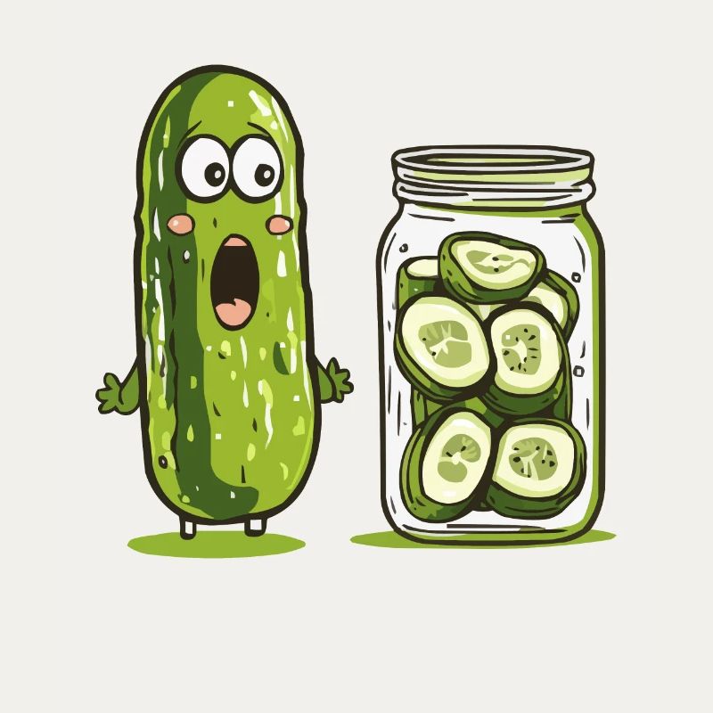 Funny cucumber marvels at pickled relatives