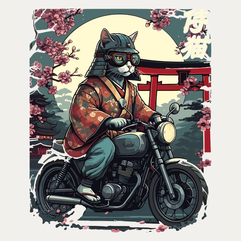 Chat samouraï à moto