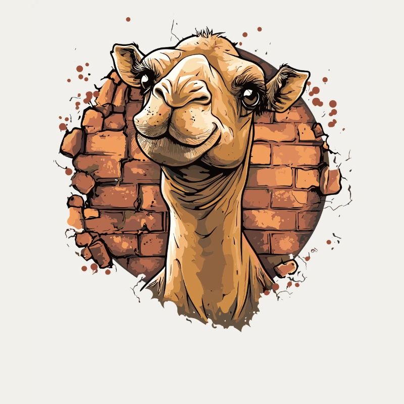 Chameau devant un mur de briques