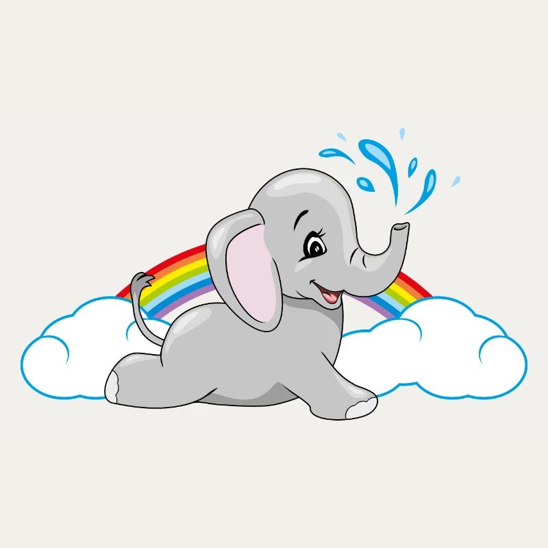 Baby elephant bathing among rainbow and clouds