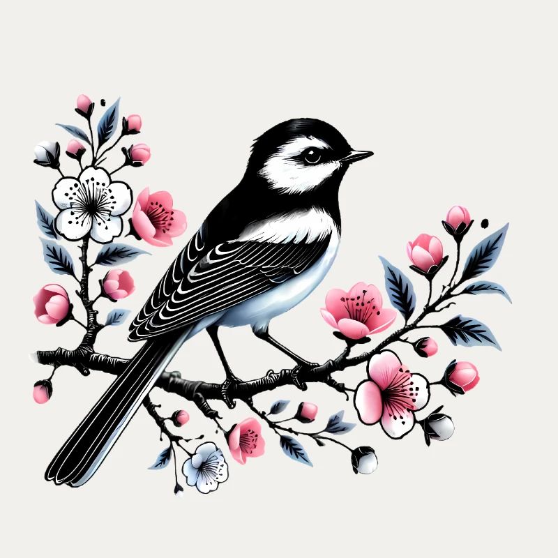 Chicadee on Blossoming Branch Design