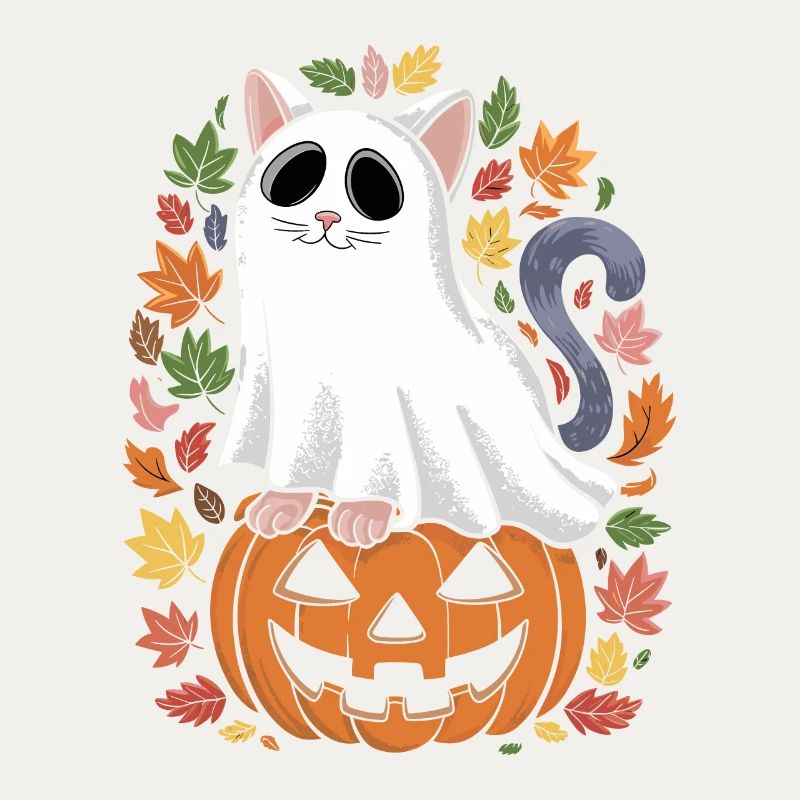Halloween Cat Ghost on Pumpkin with