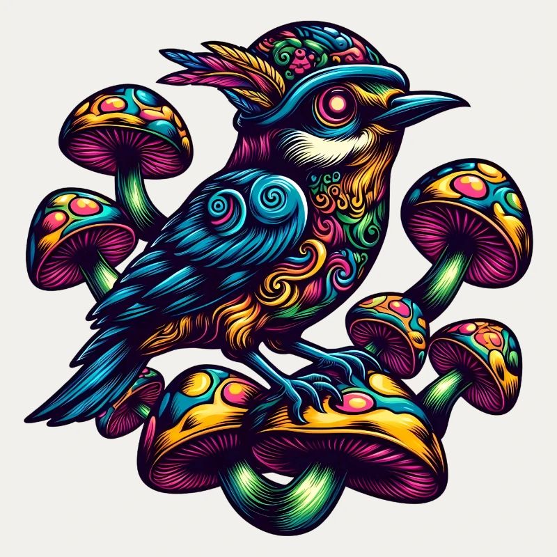 Bunter Vogel mit Pilzen