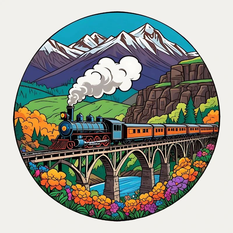 Bunter nostalgischer Eisenbahnzug mit Dampflok