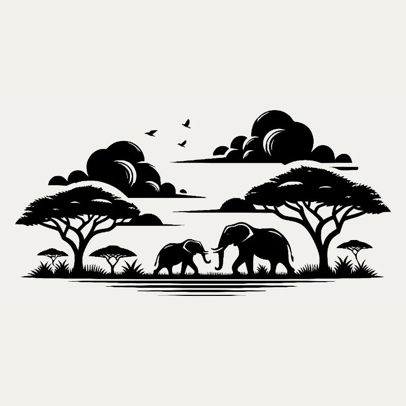 Tranquil savannah scene with elephants and acacia trees