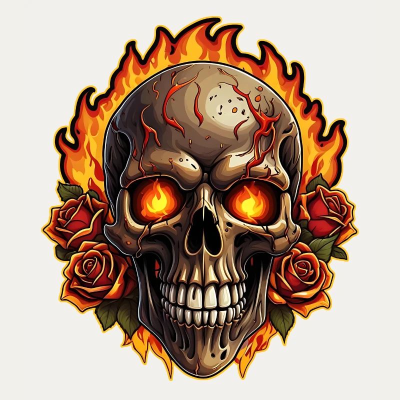 Skull with Fire and Red Roses Burning Skull