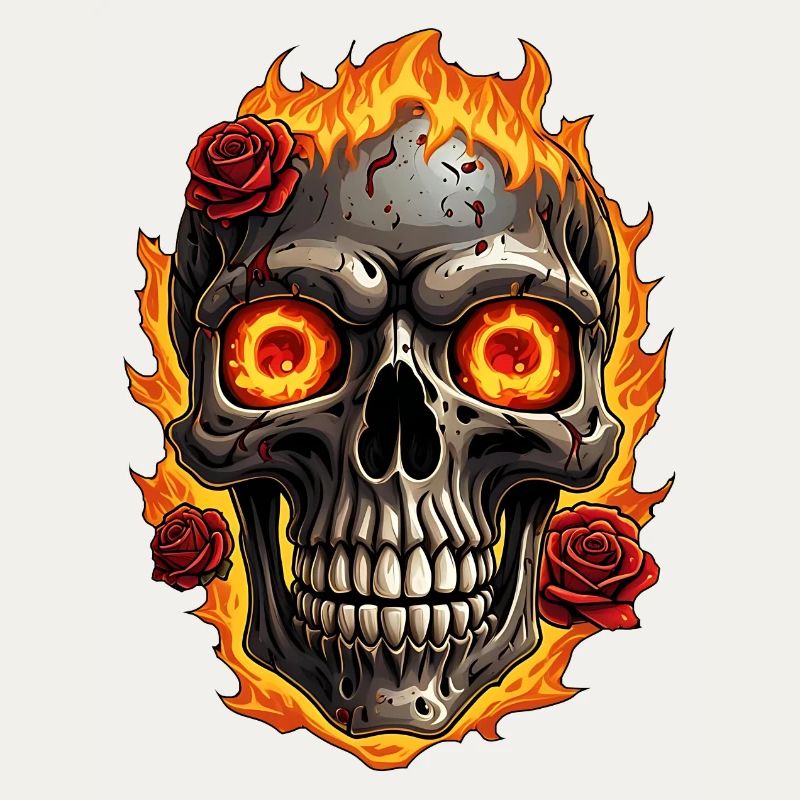 Skull with Fire and Red Roses Burning Skull