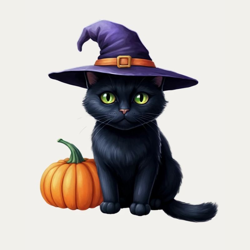 Witch cat with pumpkin