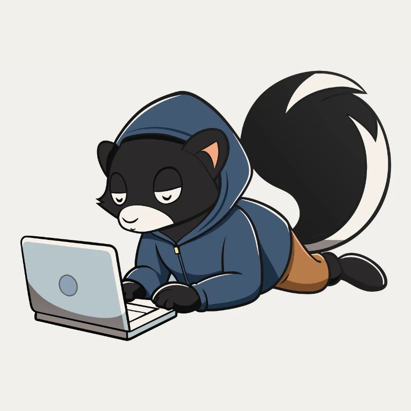 Mignonne mouffette hacker en sweat à capuche devant le PC