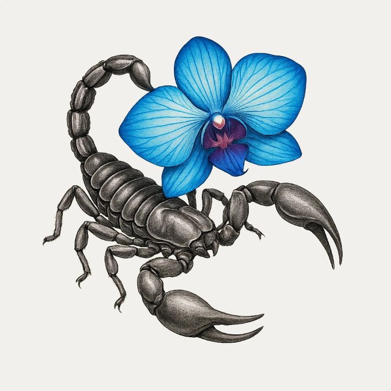 Skorpion mit blauer Orchidee