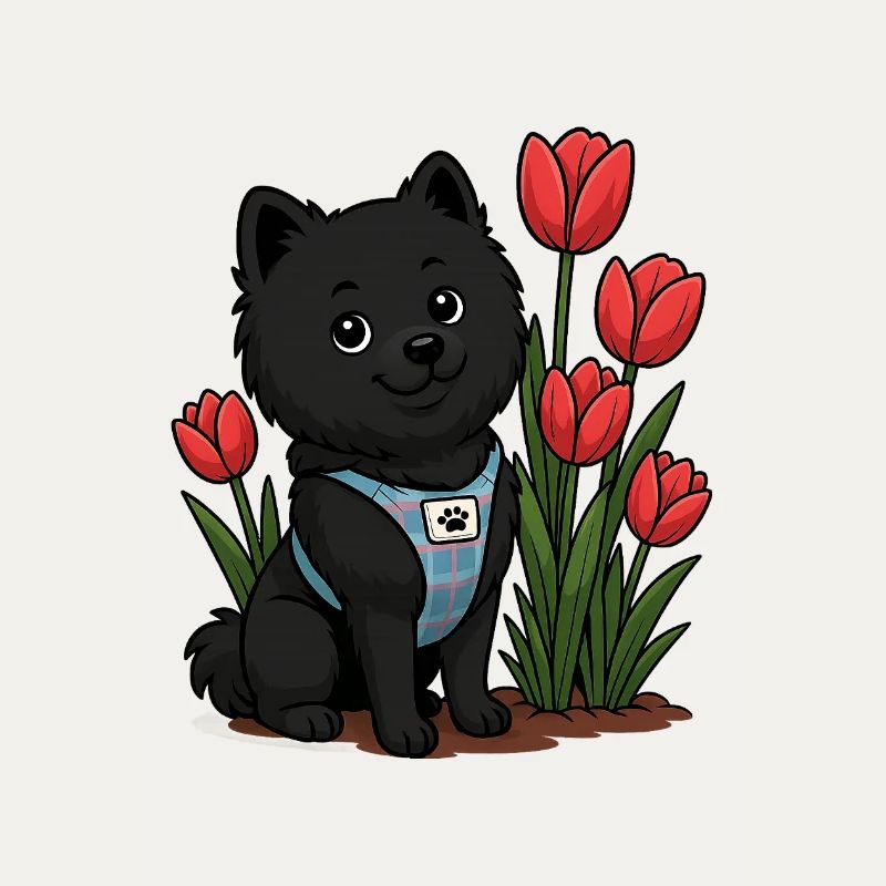 Süßer Spitz Hund mit Tulpen
